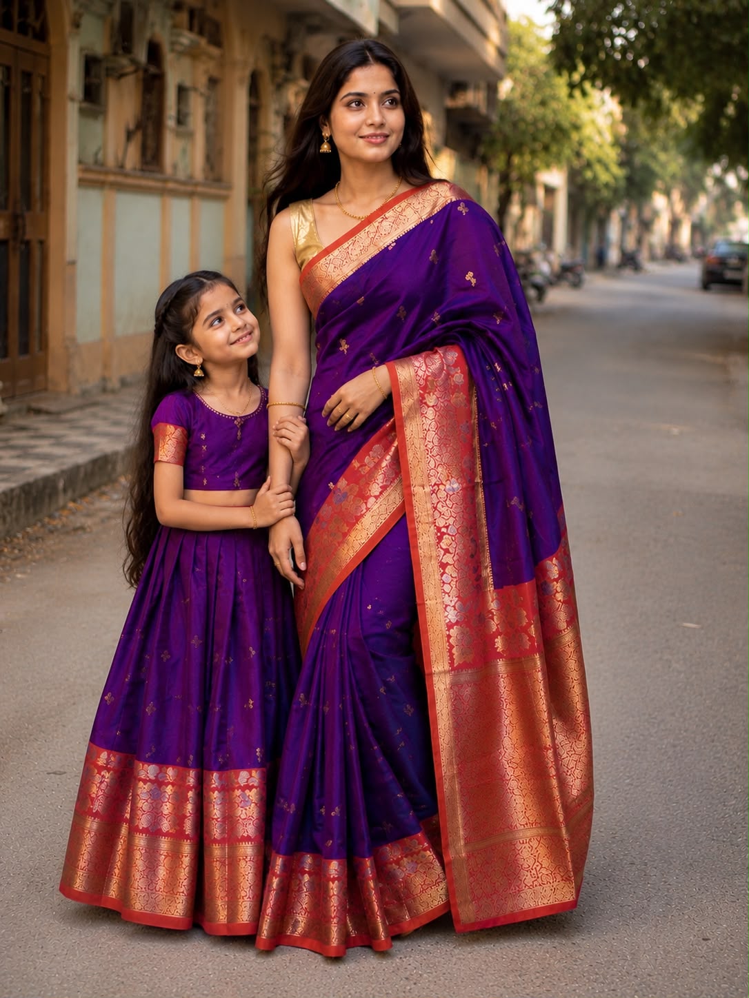 Royal Purple Soft Silk Saree with Orange Contrast Border & Meenakari Floral Lotus Zari Weaving