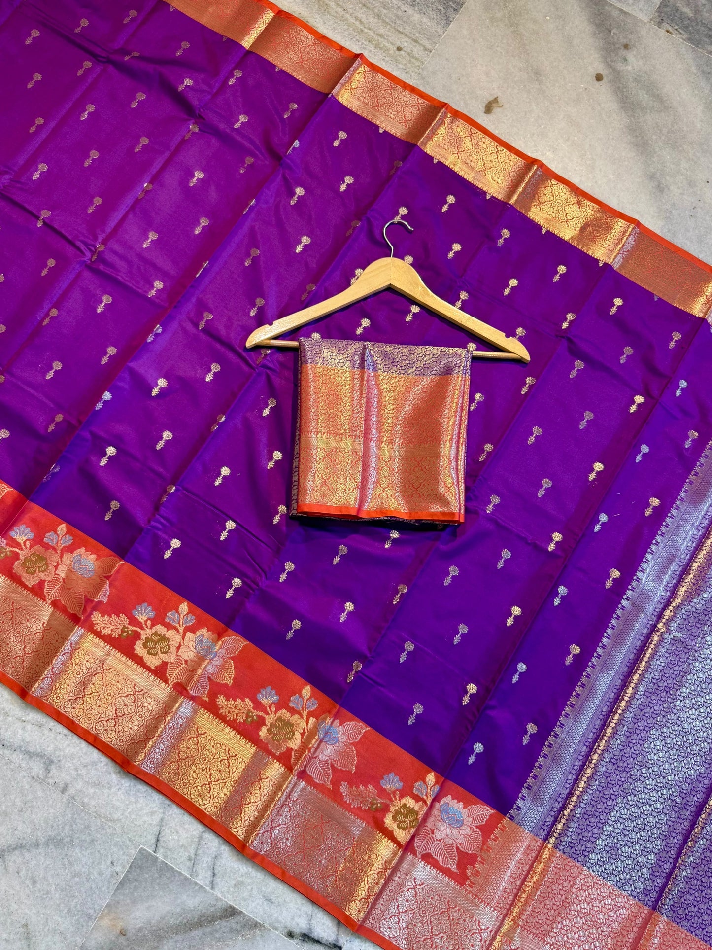 Royal Purple Soft Silk Saree with Orange Contrast Border & Meenakari Floral Lotus Zari Weaving