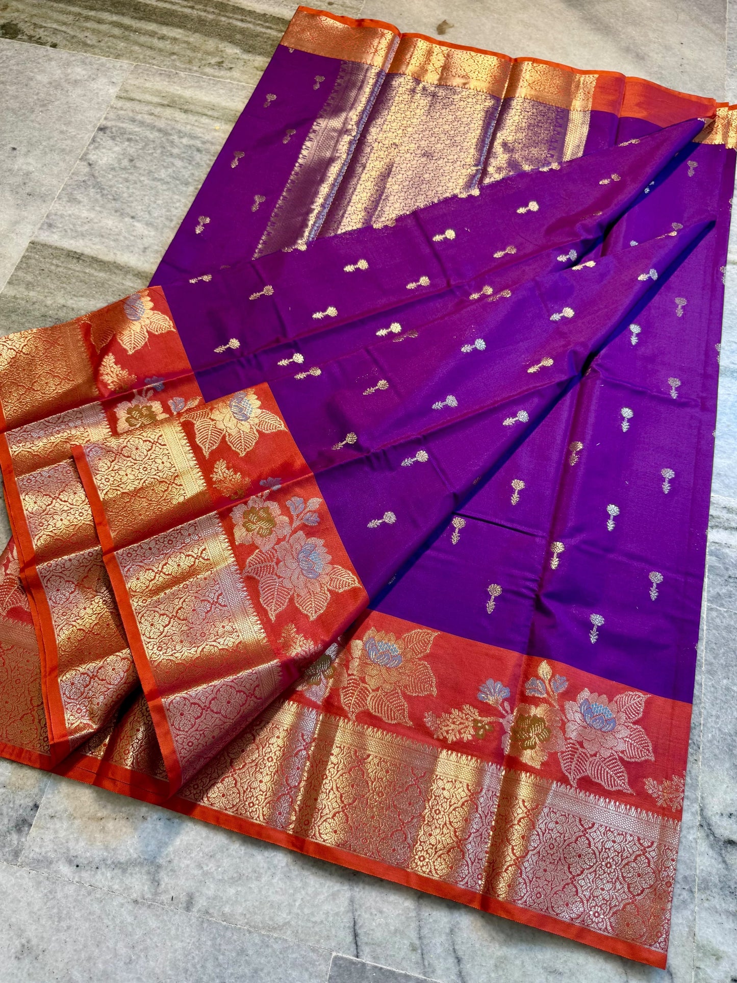 Royal Purple Soft Silk Saree with Orange Contrast Border & Meenakari Floral Lotus Zari Weaving