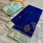 Royal Blue Raw Mango Silk Saree with Pastel Mint Green Border & Meenakari Floral Weaving