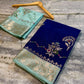 Royal Blue Raw Mango Silk Saree with Pastel Mint Green Border & Meenakari Floral Weaving