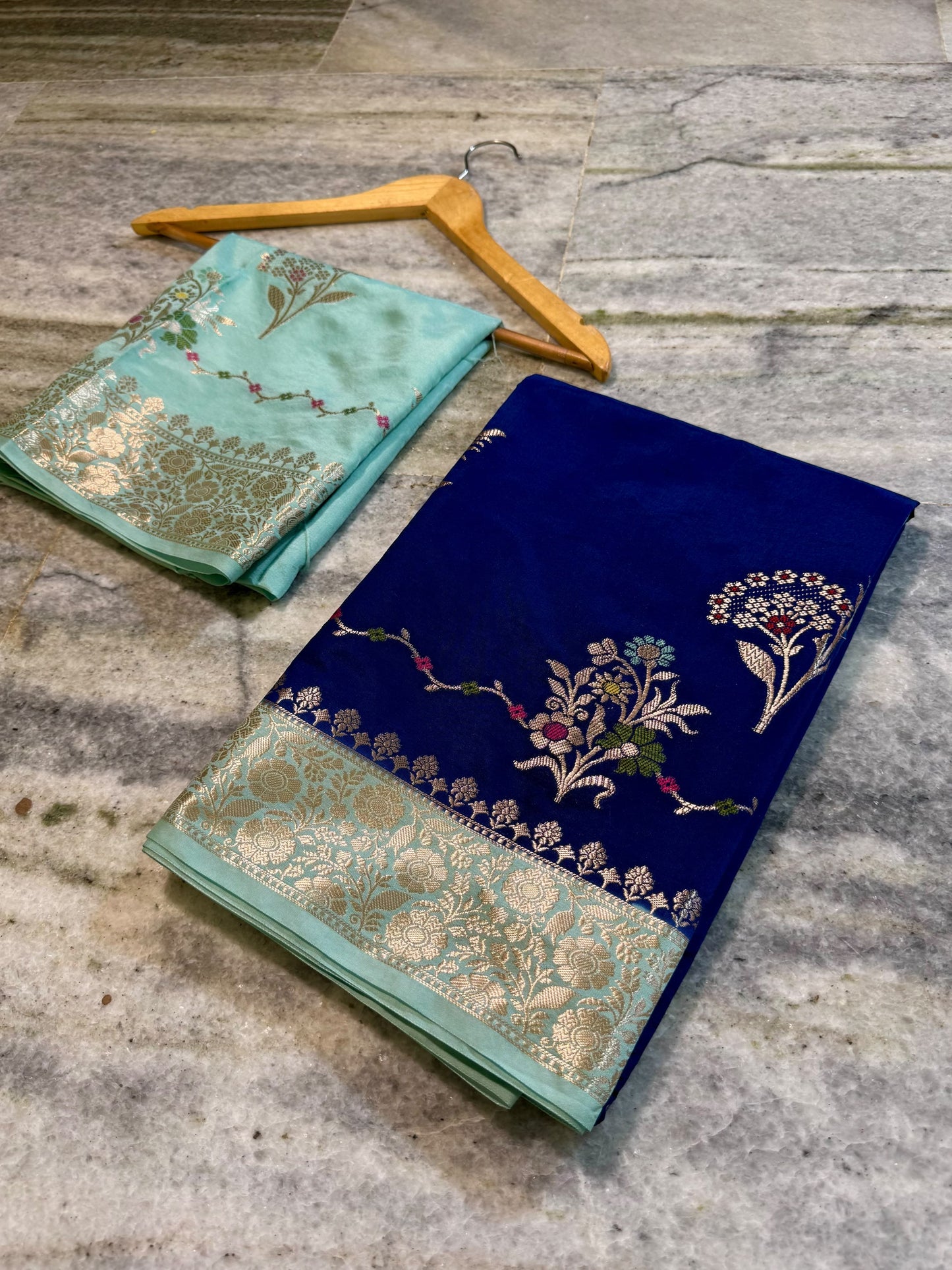 Royal Blue Raw Mango Silk Saree with Pastel Mint Green Border & Meenakari Floral Weaving