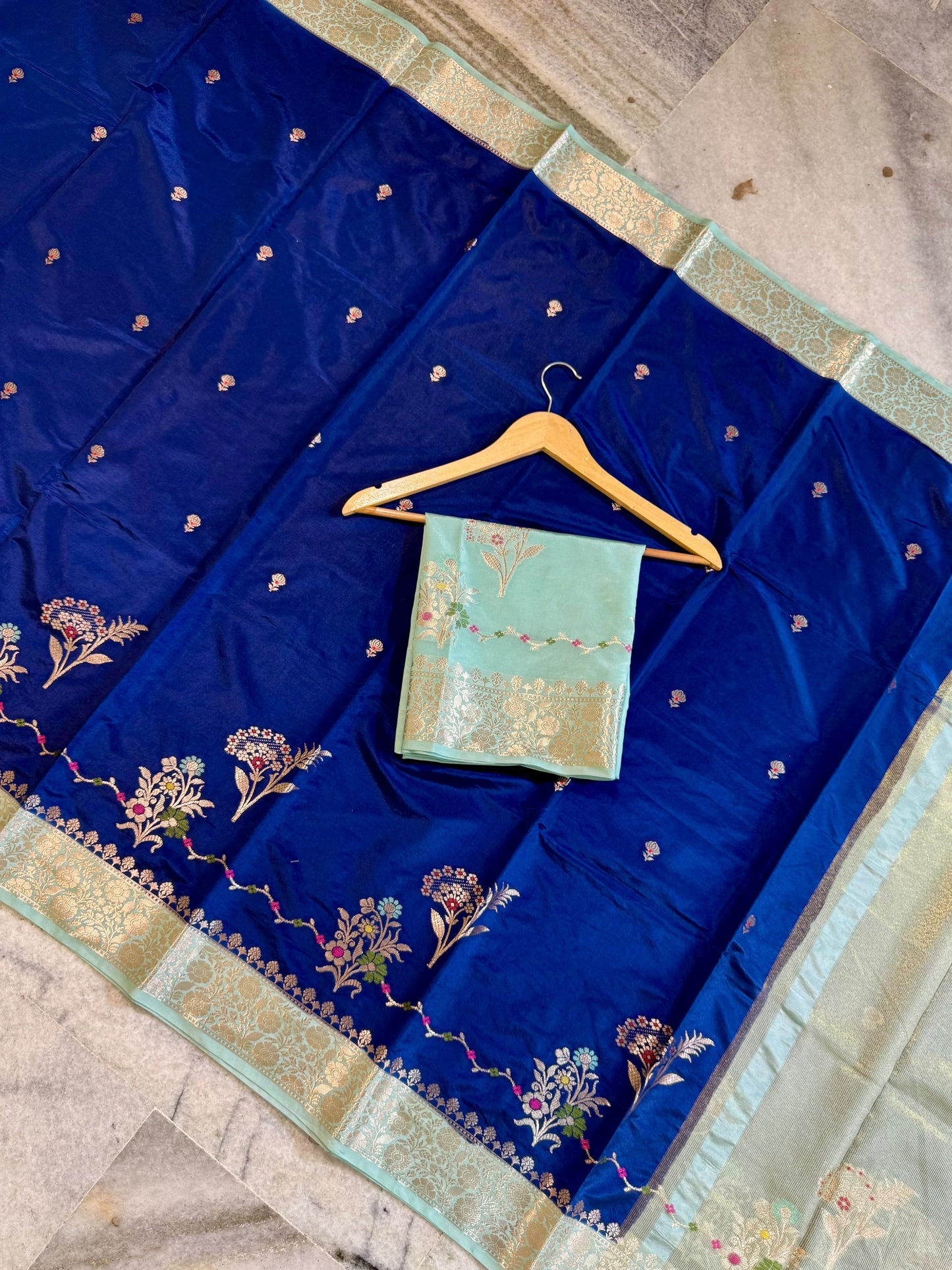 Royal Blue Raw Mango Silk Saree with Pastel Mint Green Border & Meenakari Floral Weaving