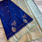 Royal Blue Raw Mango Silk Saree with Pastel Mint Green Border & Meenakari Floral Weaving