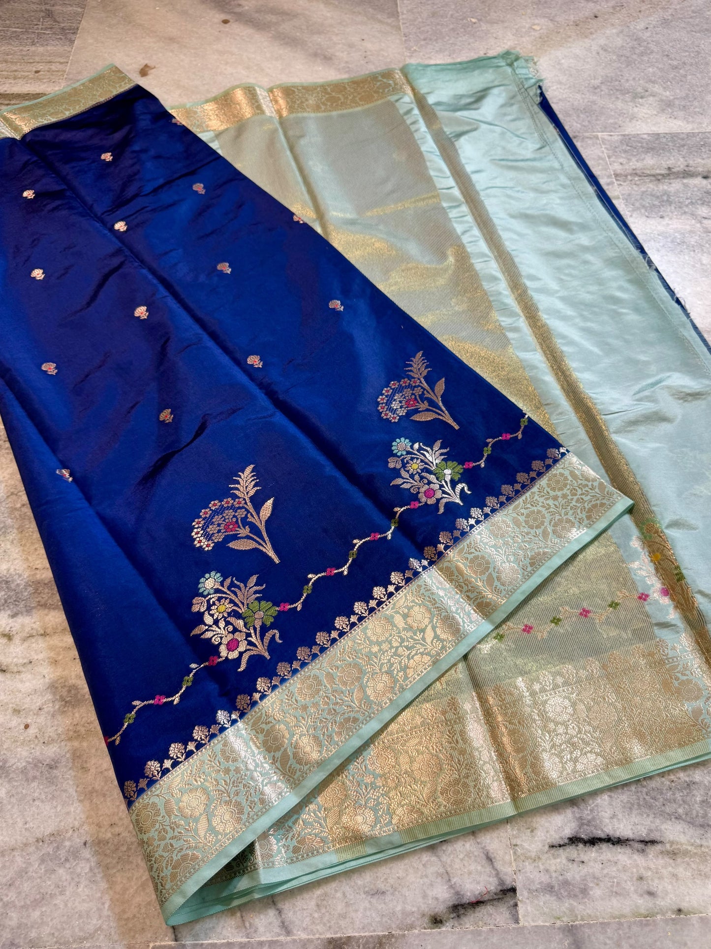 Royal Blue Raw Mango Silk Saree with Pastel Mint Green Border & Meenakari Floral Weaving