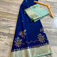 Royal Blue Raw Mango Silk Saree with Pastel Mint Green Border & Meenakari Floral Weaving