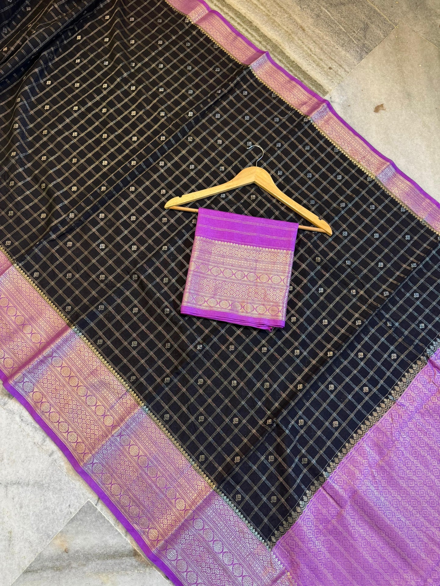 Black & Royal Purple Chiniya Silk Saree with Zari Grid Checks & Motif Border