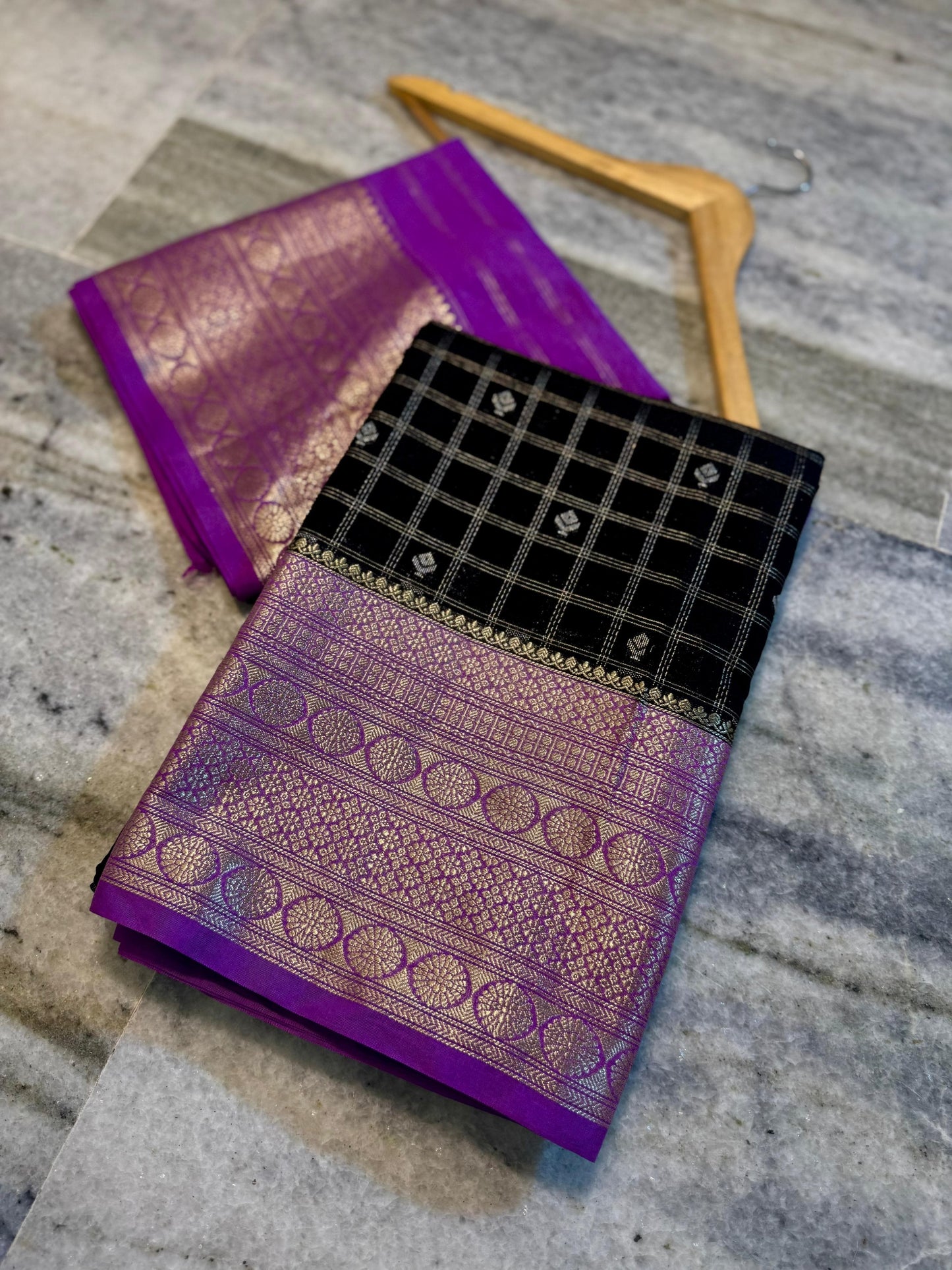 Black & Royal Purple Chiniya Silk Saree with Zari Grid Checks & Motif Border