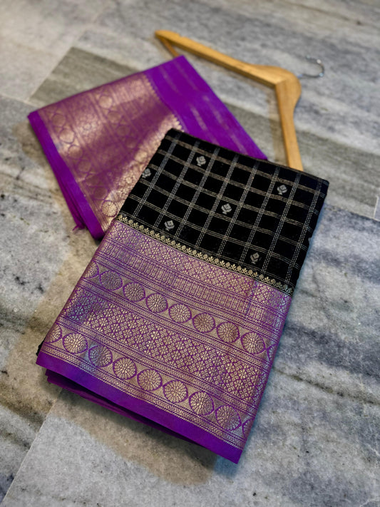 Black & Royal Purple Chiniya Silk Saree with Zari Grid Checks & Motif Border