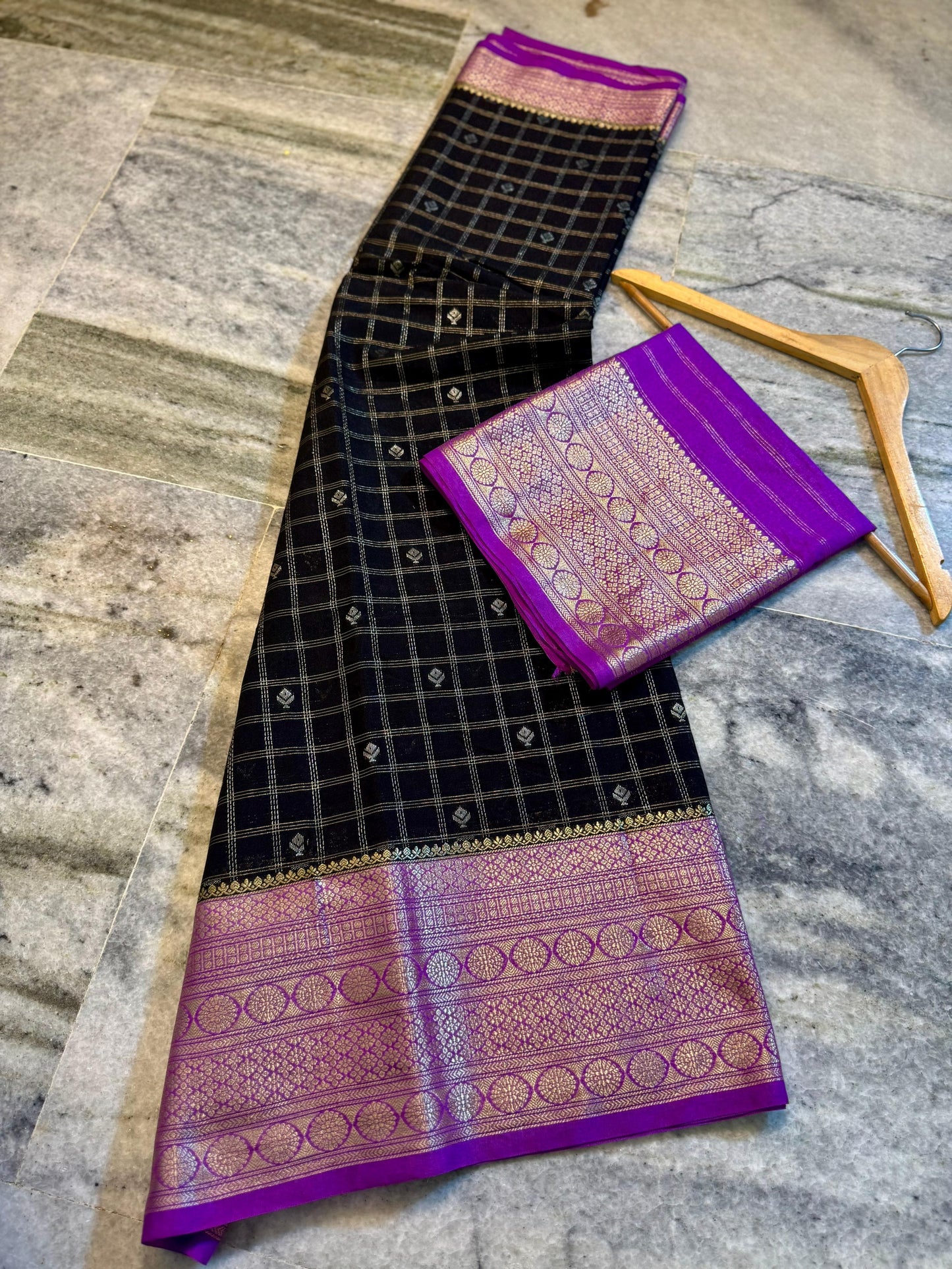 Black & Royal Purple Chiniya Silk Saree with Zari Grid Checks & Motif Border