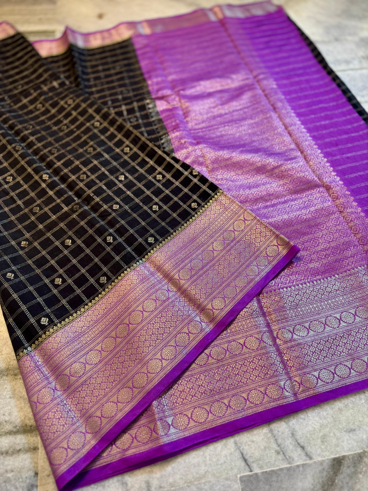Black & Royal Purple Chiniya Silk Saree with Zari Grid Checks & Motif Border