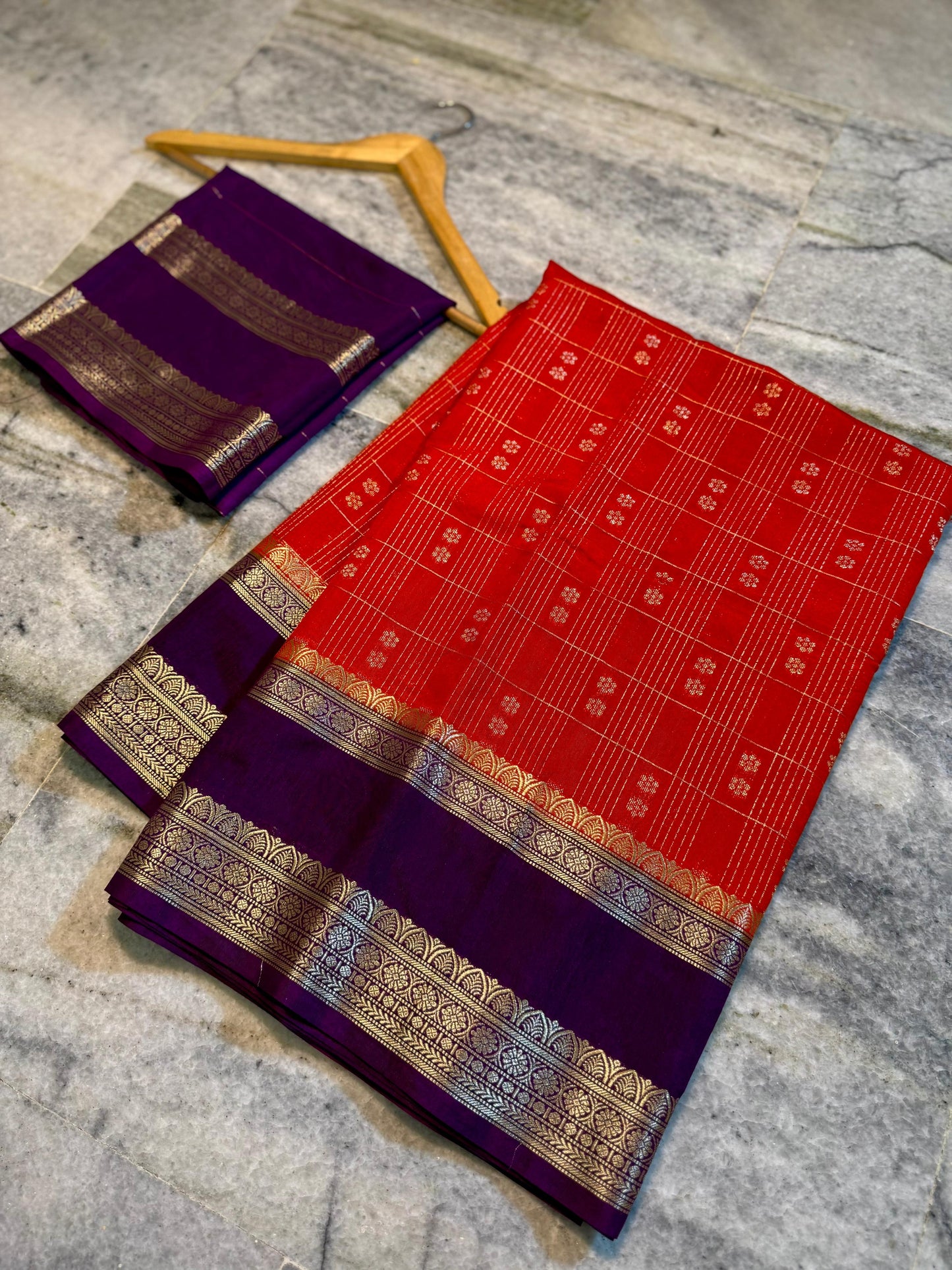 Red & Purple Pure Chinia Silk Saree with Gold Zari Border | Contrast Blouse