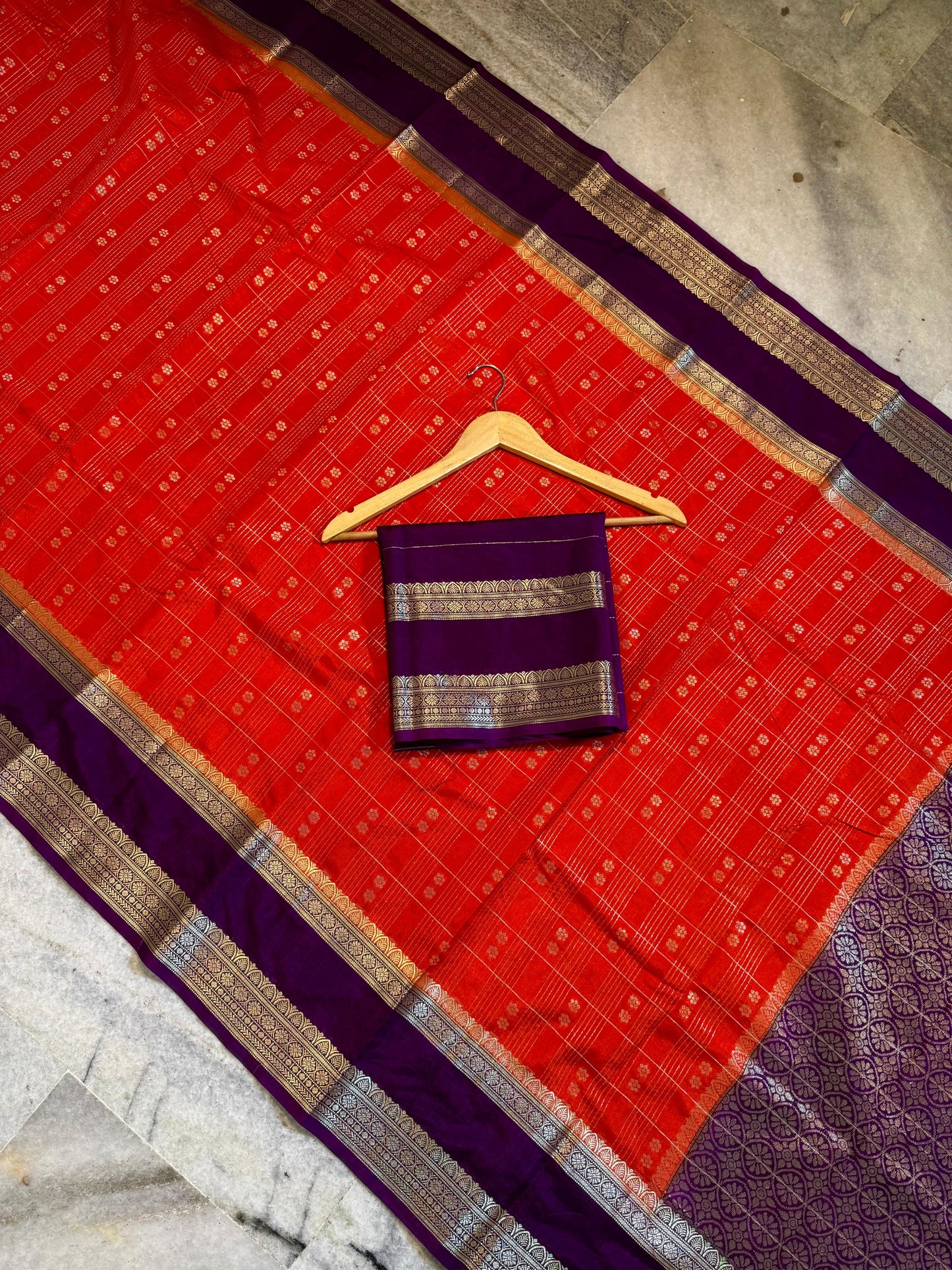 Red & Purple Pure Chinia Silk Saree with Gold Zari Border | Contrast Blouse