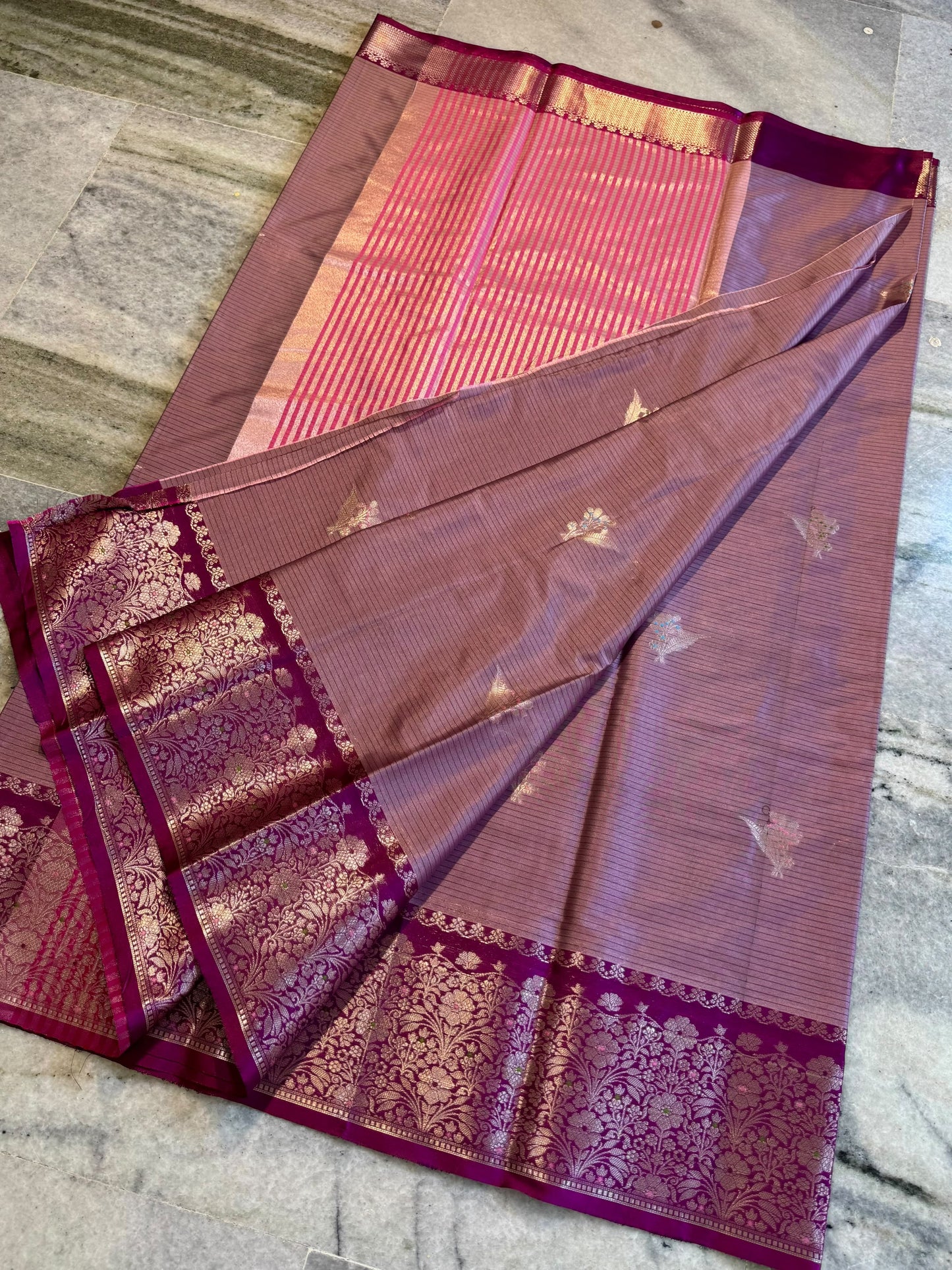 Dusty Mauve Soft Silk Saree with Rich Magenta Floral Zari Border