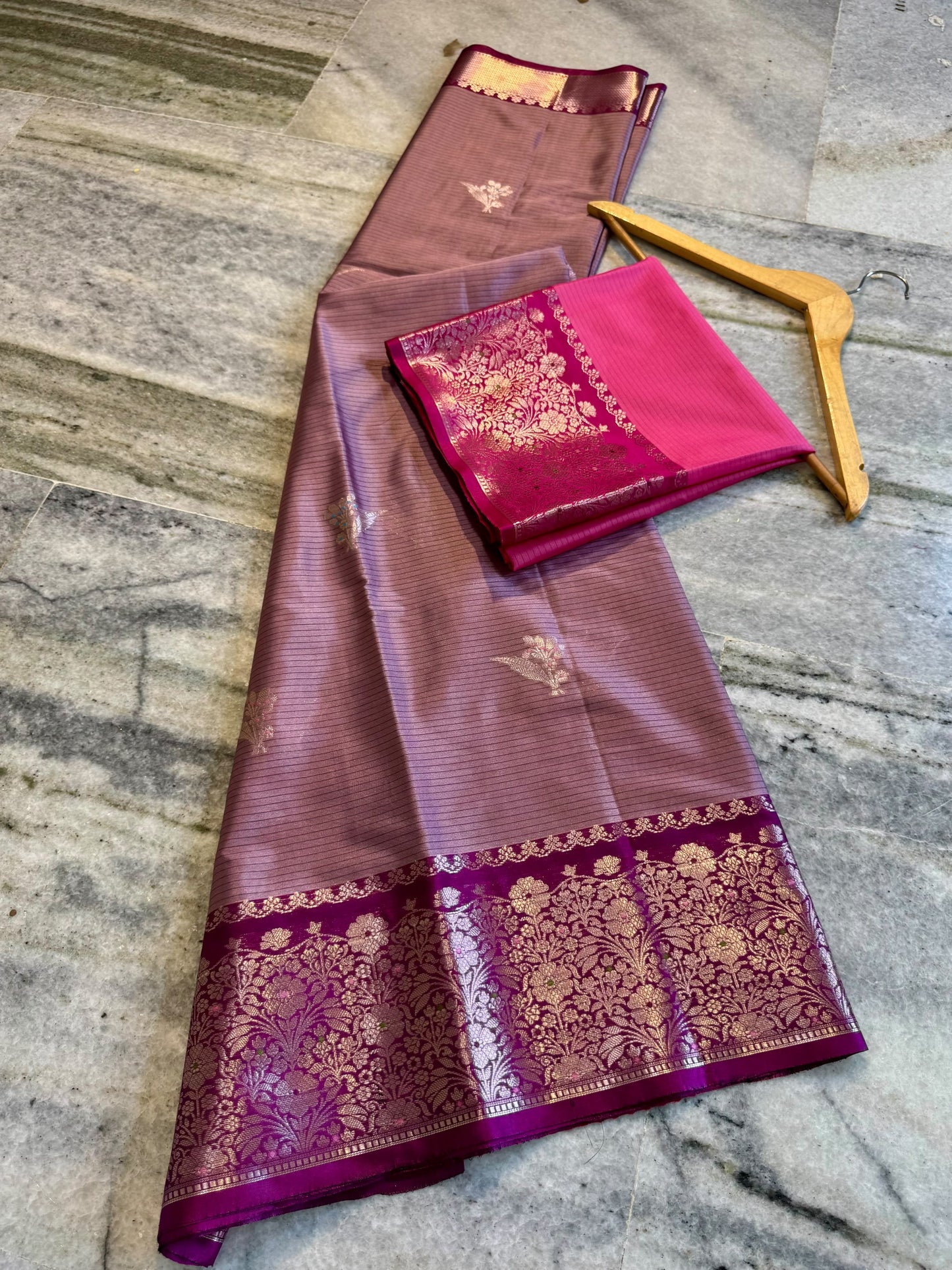 Dusty Mauve Soft Silk Saree with Rich Magenta Floral Zari Border