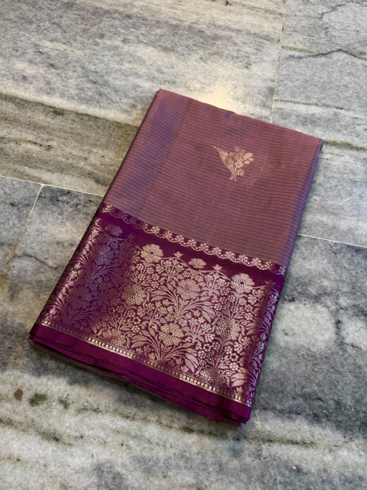 Dusty Mauve Soft Silk Saree with Rich Magenta Floral Zari Border