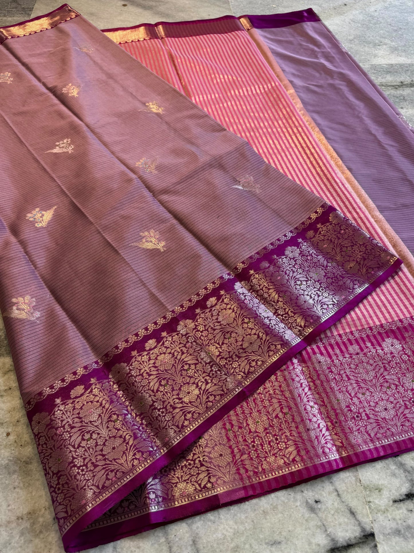 Dusty Mauve Soft Silk Saree with Rich Magenta Floral Zari Border