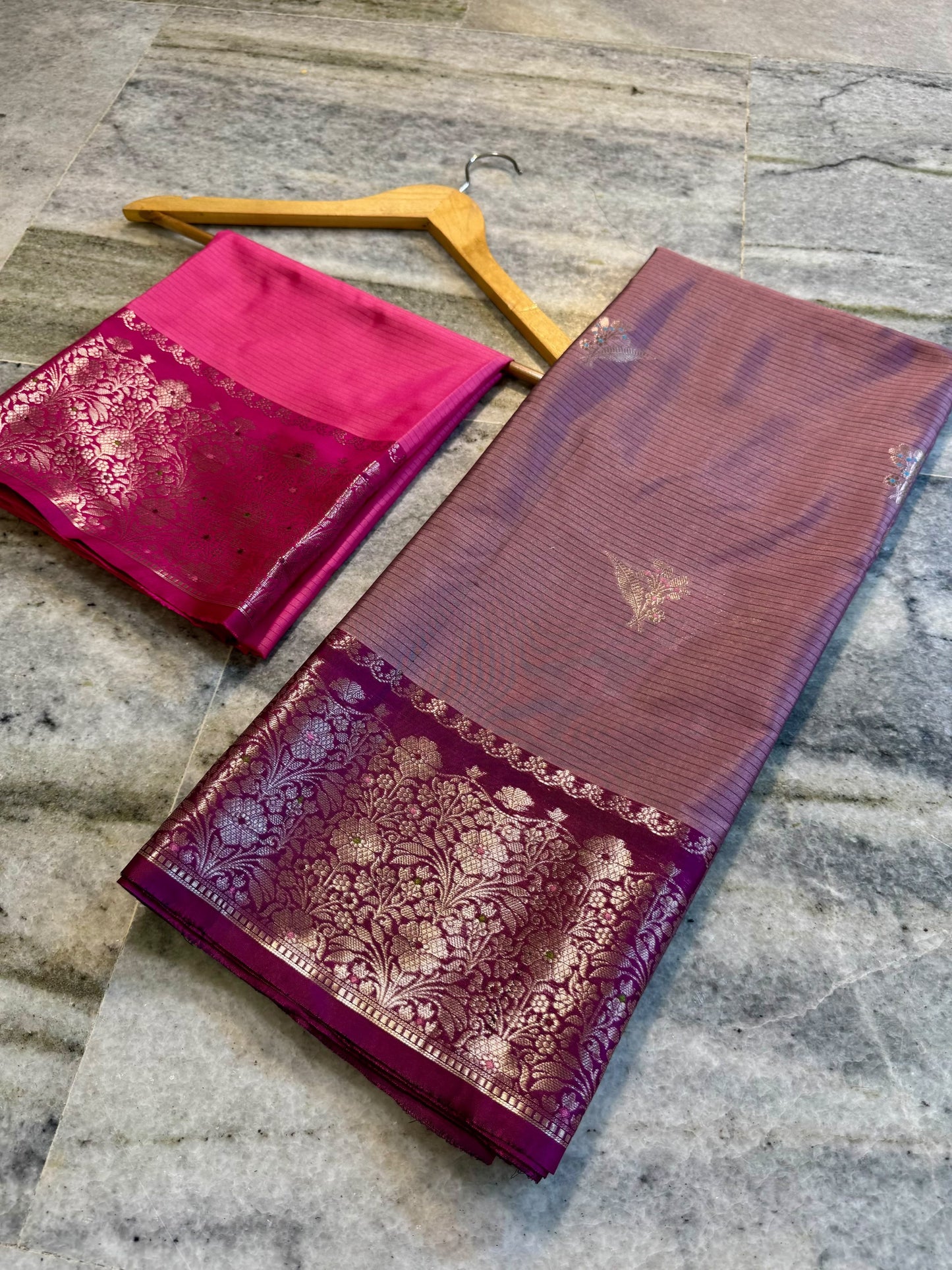 Dusty Mauve Soft Silk Saree with Rich Magenta Floral Zari Border