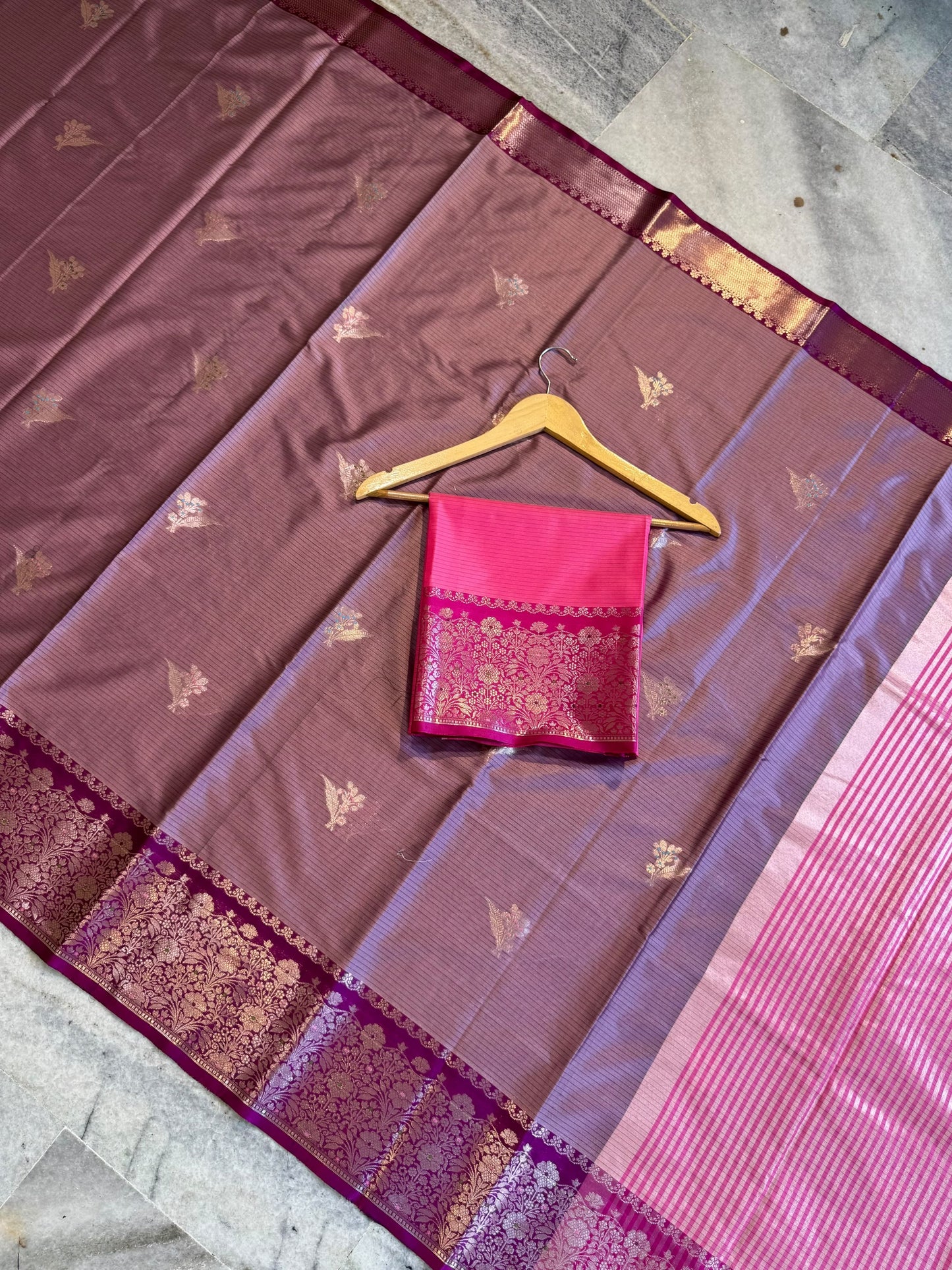 Dusty Mauve Soft Silk Saree with Rich Magenta Floral Zari Border