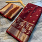 Crimson Red Soft Silk Saree with Gold & Silver Floral Zari Weaving