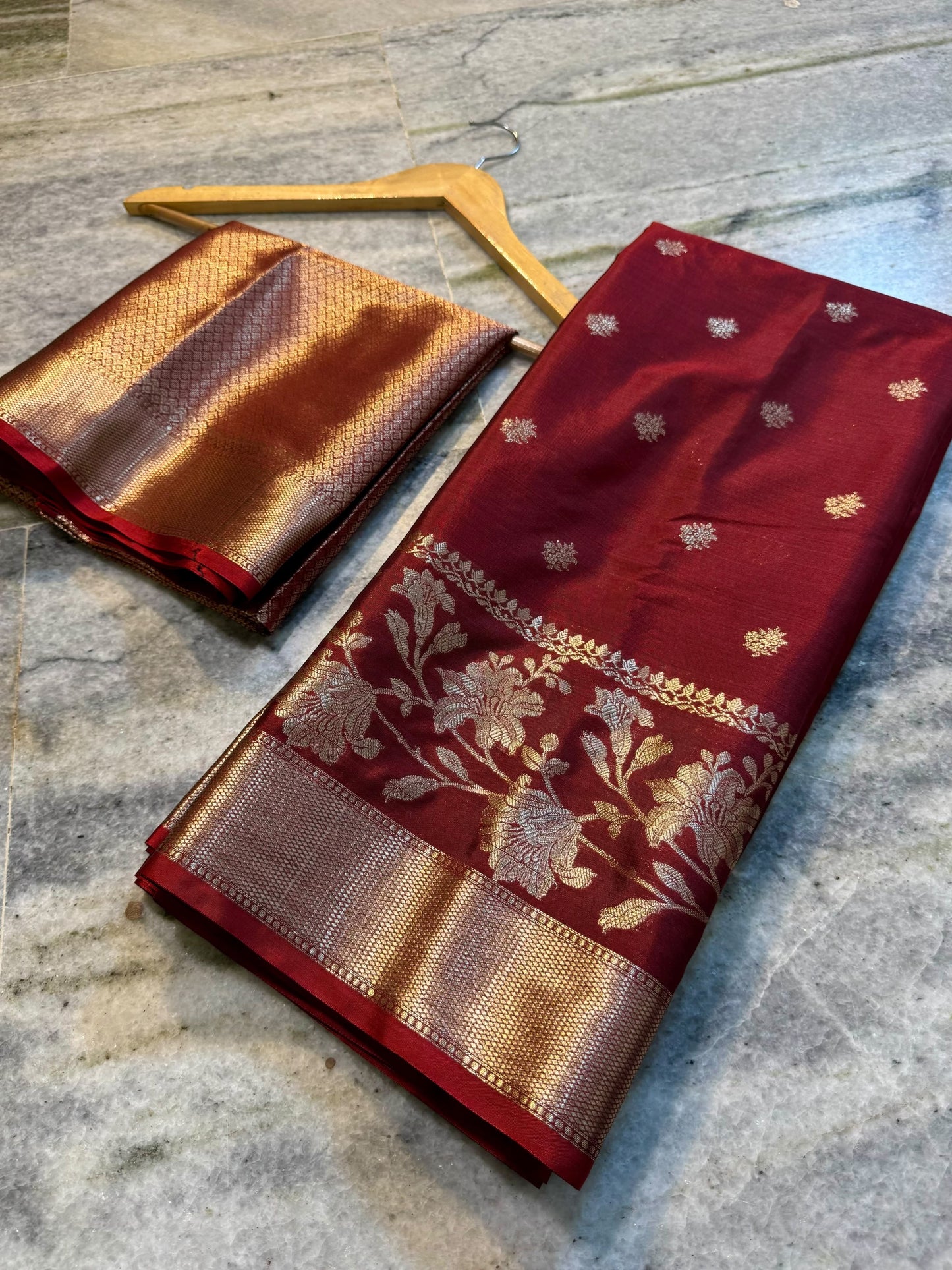 Crimson Red Soft Silk Saree with Gold & Silver Floral Zari Weaving
