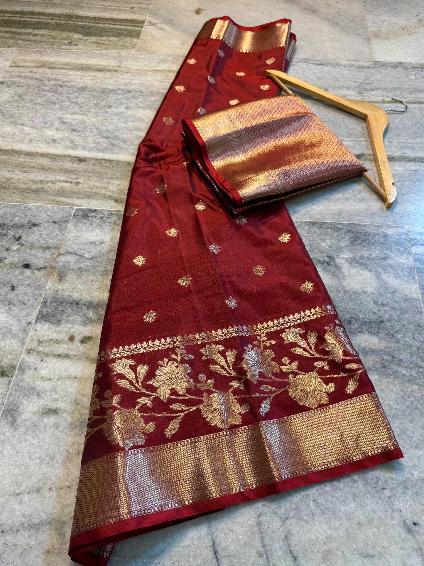 Crimson Red Soft Silk Saree with Gold & Silver Floral Zari Weaving