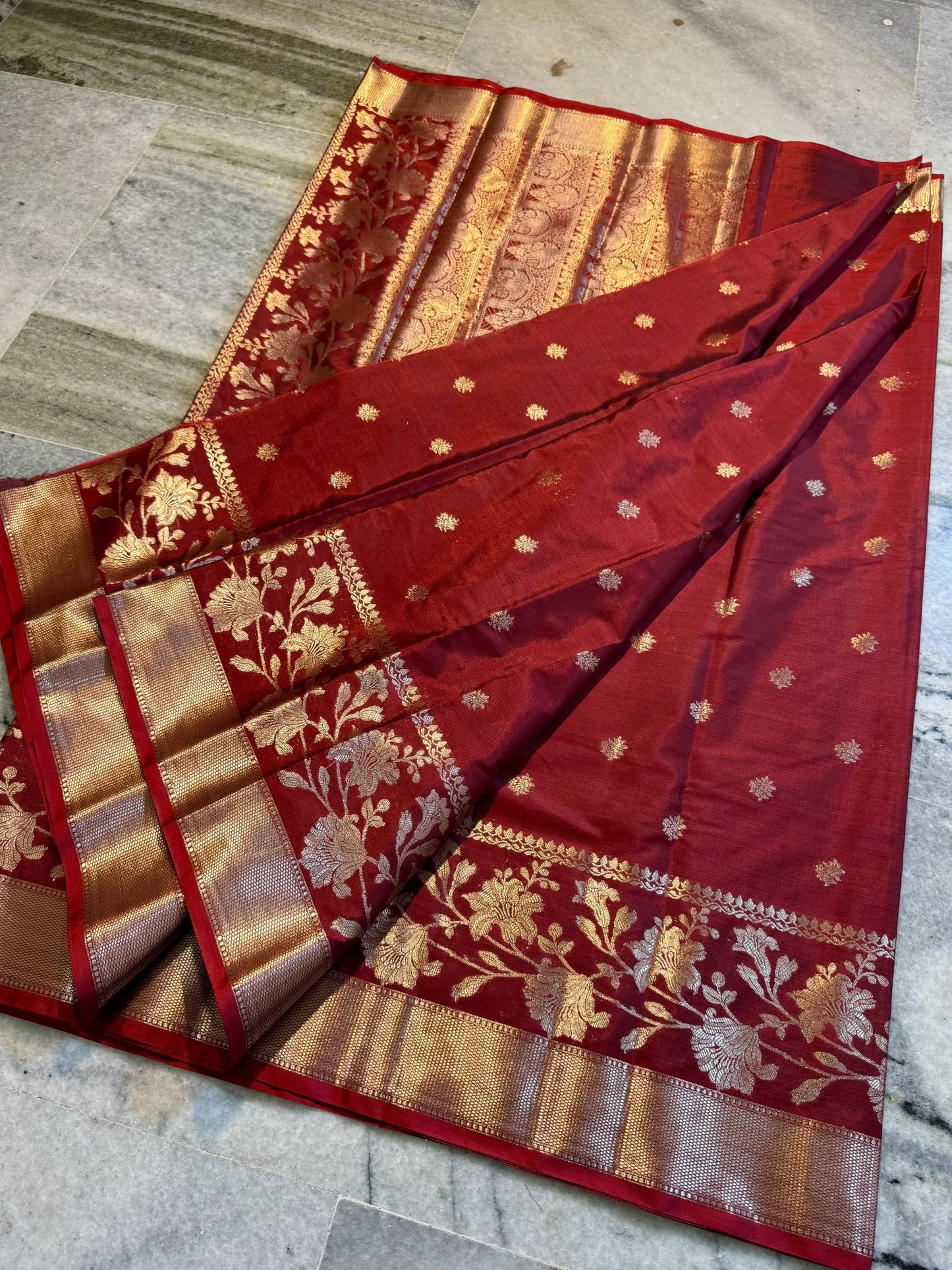 Crimson Red Soft Silk Saree with Gold & Silver Floral Zari Weaving