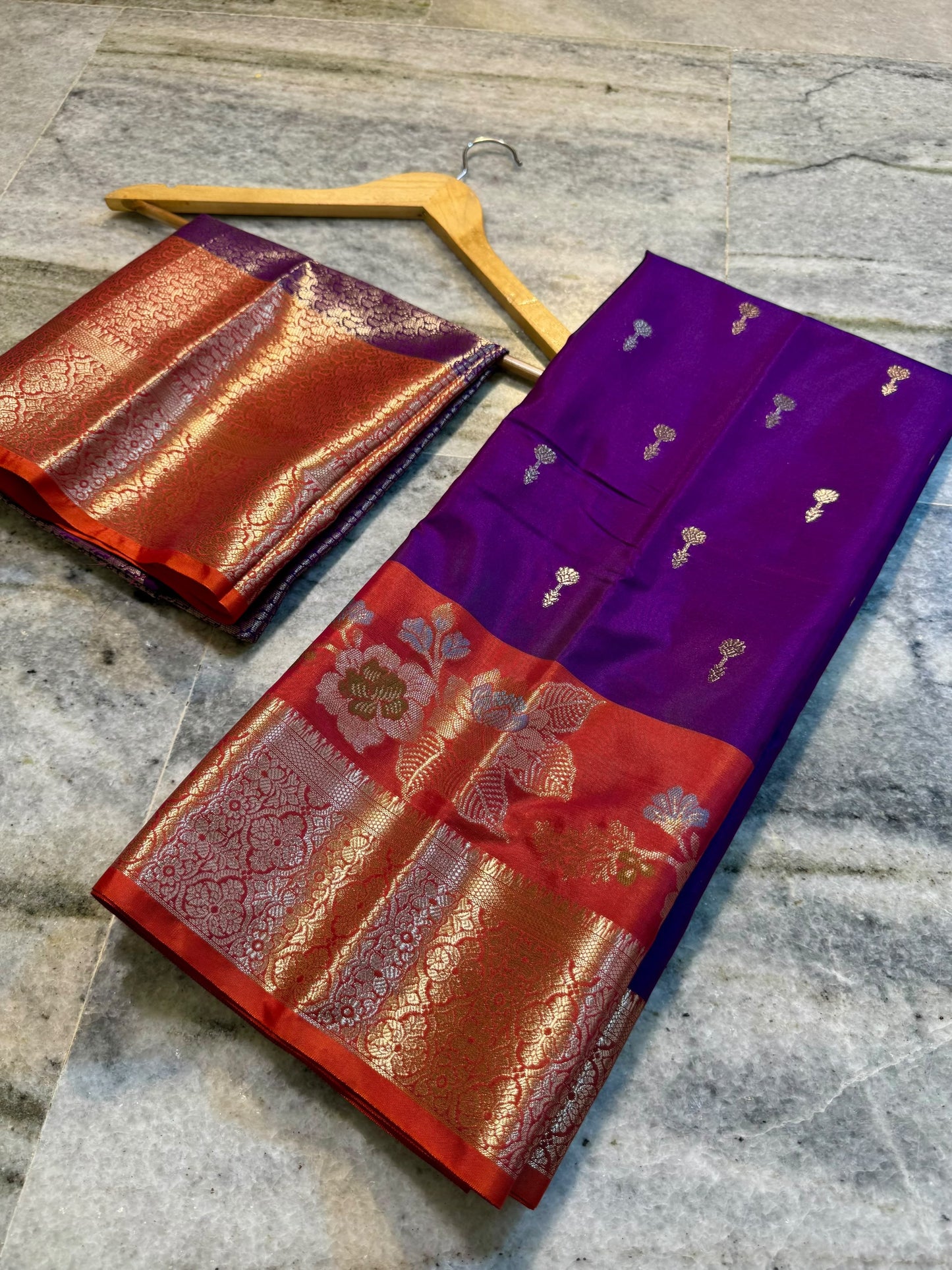 Royal Purple Soft Silk Saree with Orange Contrast Border & Meenakari Floral Lotus Zari Weaving