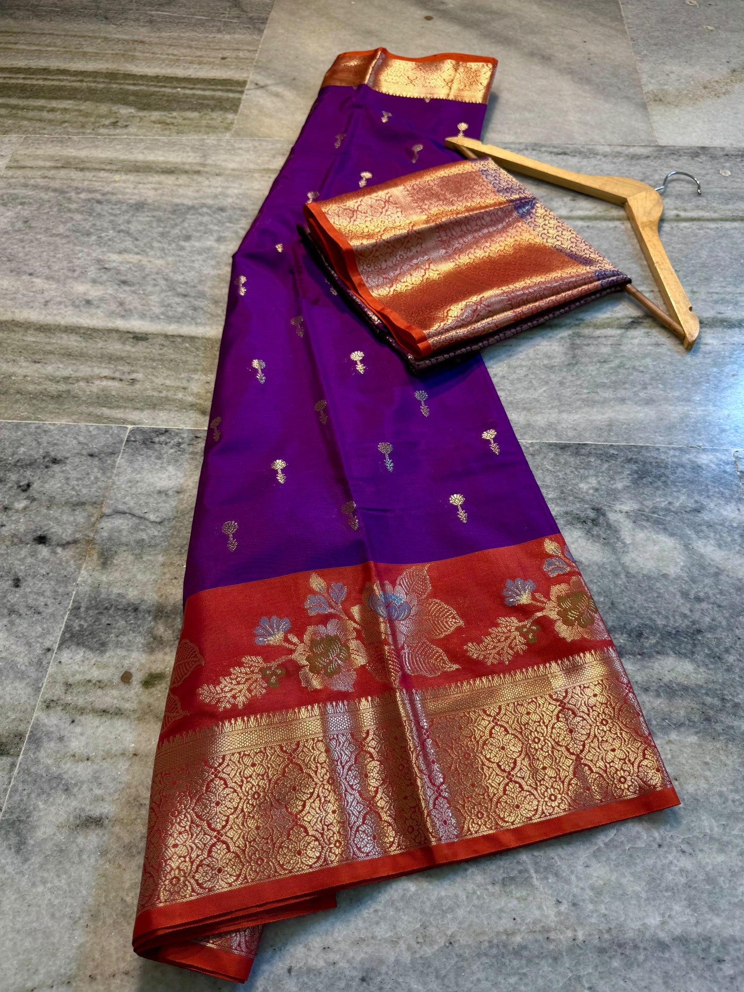 Royal Purple Soft Silk Saree with Orange Contrast Border & Meenakari Floral Lotus Zari Weaving