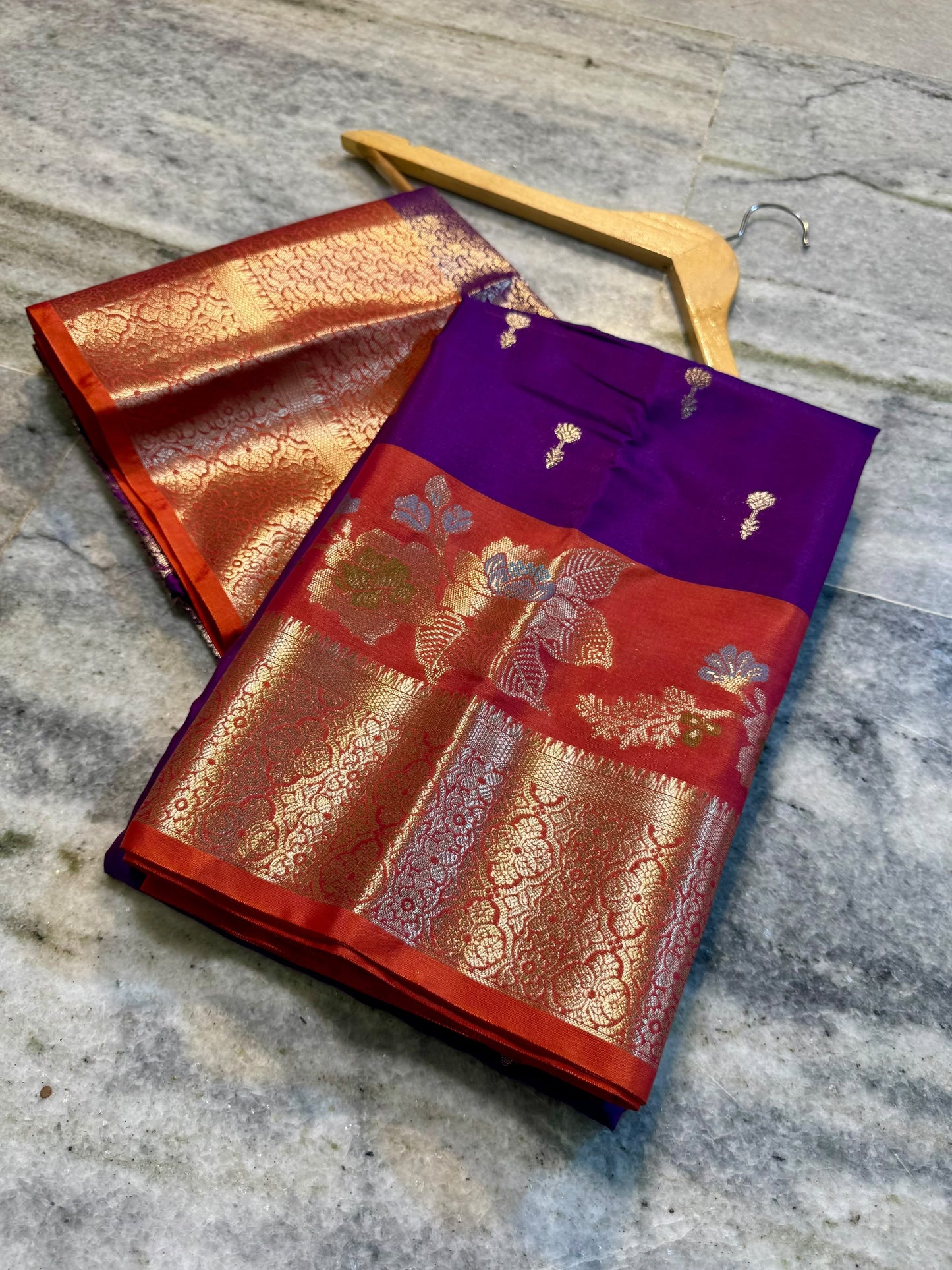 Royal Purple Soft Silk Saree with Orange Contrast Border & Meenakari Floral Lotus Zari Weaving