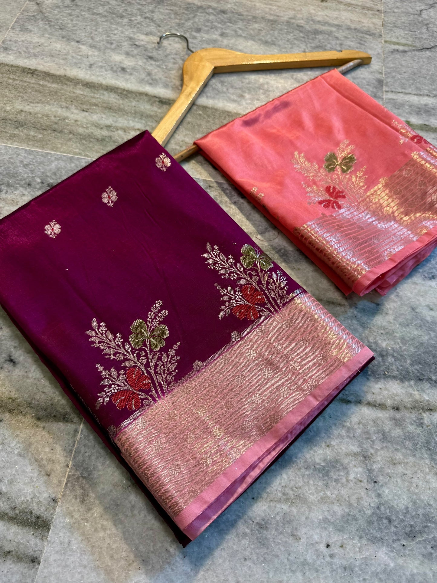 Magenta Pink Raw Mango Silk Saree with Baby Pink Border & Meenakari Floral Weaving