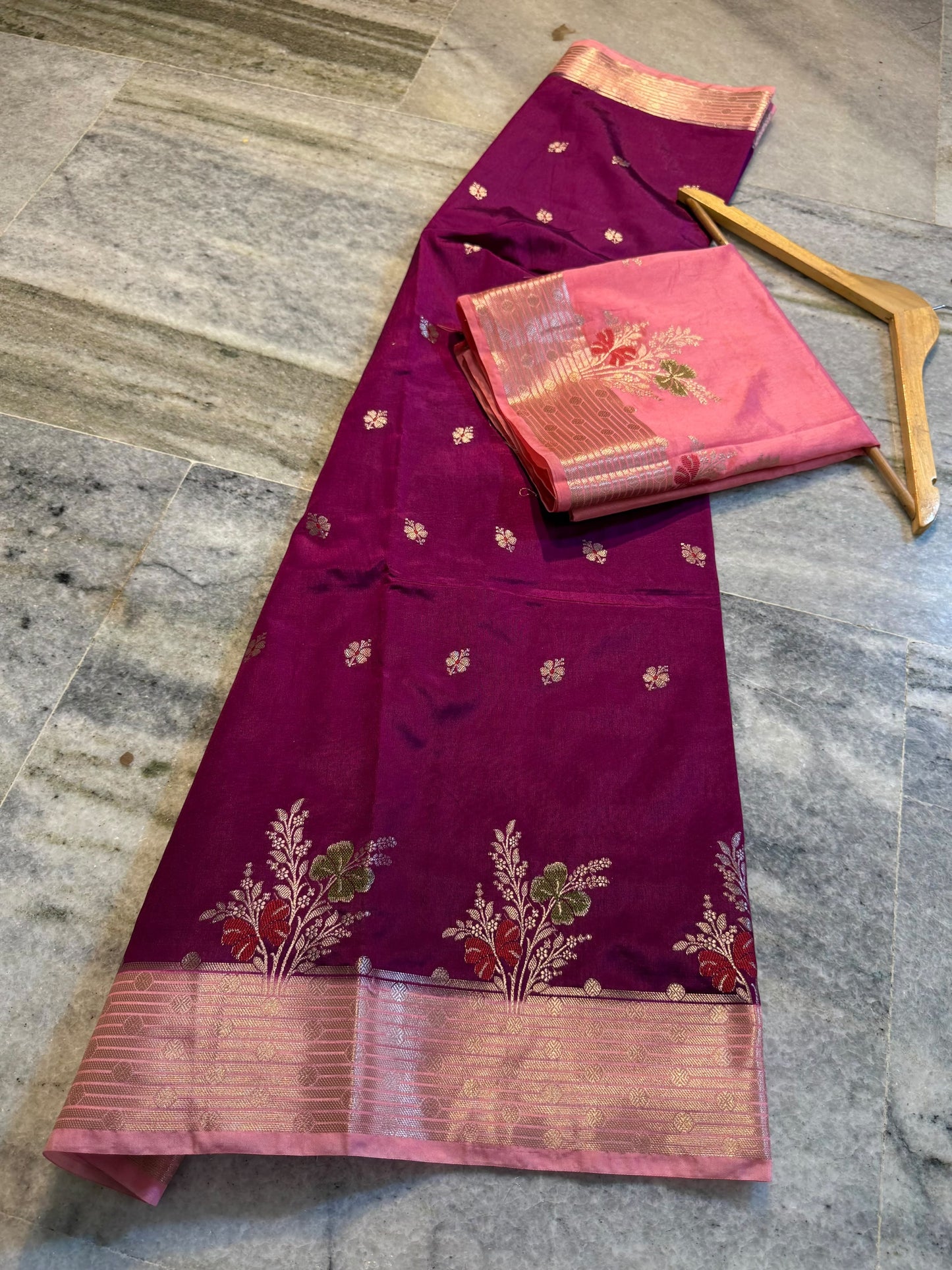 Magenta Pink Raw Mango Silk Saree with Baby Pink Border & Meenakari Floral Weaving