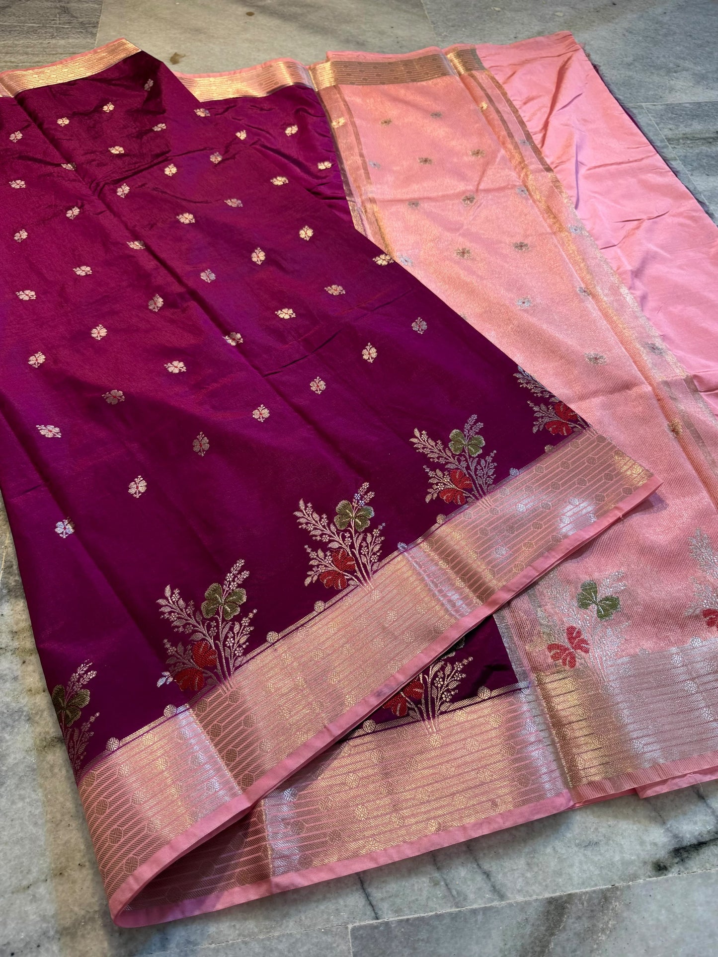 Magenta Pink Raw Mango Silk Saree with Baby Pink Border & Meenakari Floral Weaving