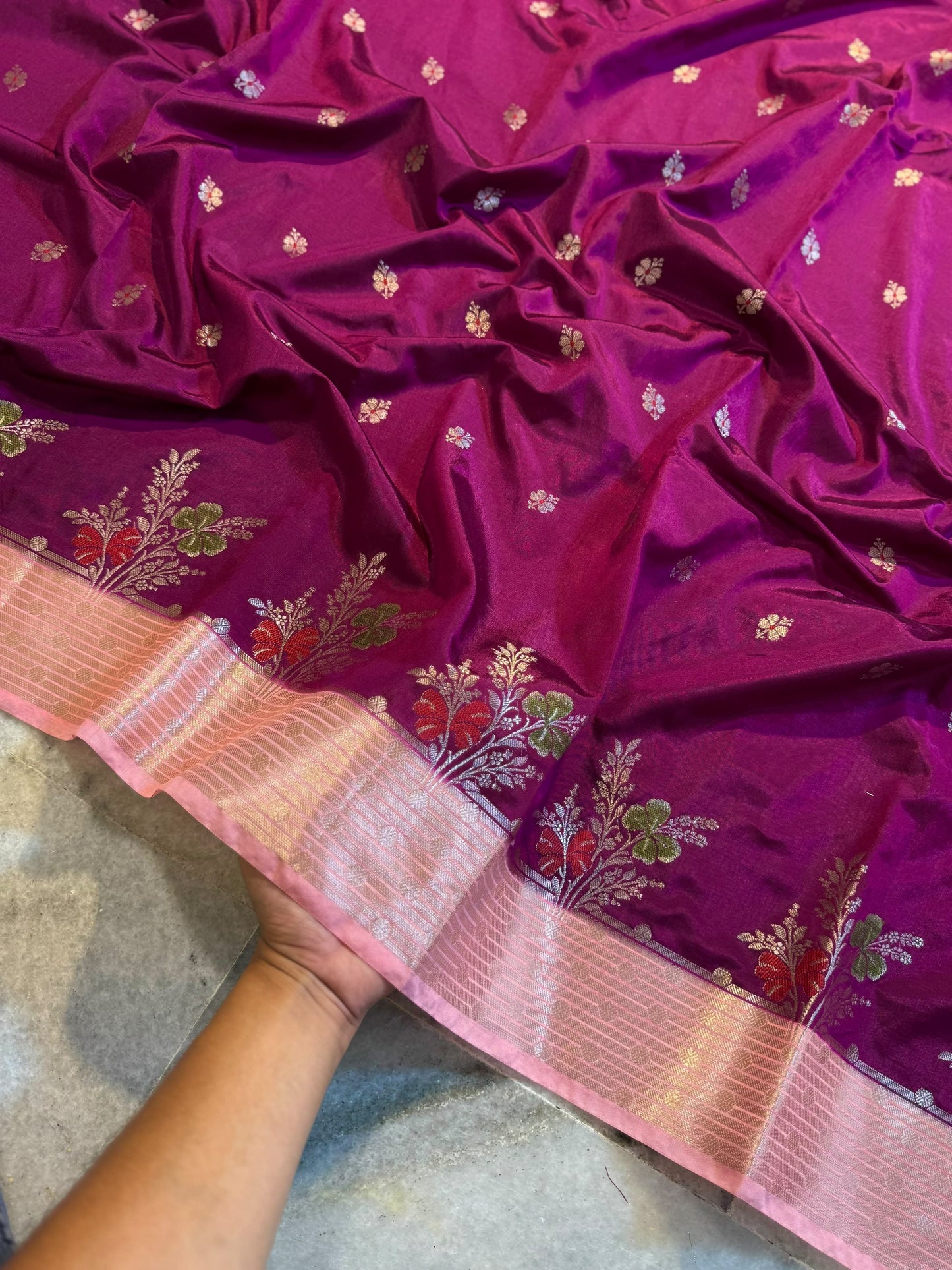 Magenta Pink Raw Mango Silk Saree with Baby Pink Border & Meenakari Floral Weaving