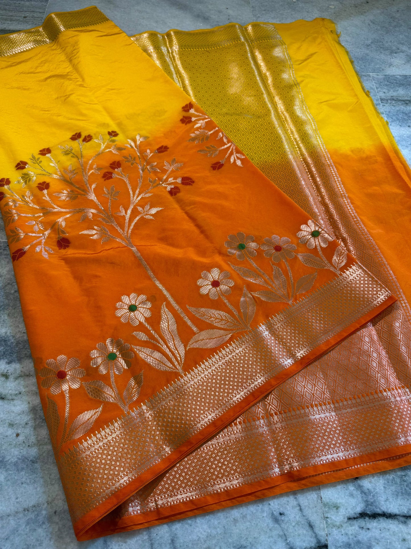 Mustard Yellow & Orange Dual-Tone Raw Mango Silk Saree with Floral Tree Zari Weaving