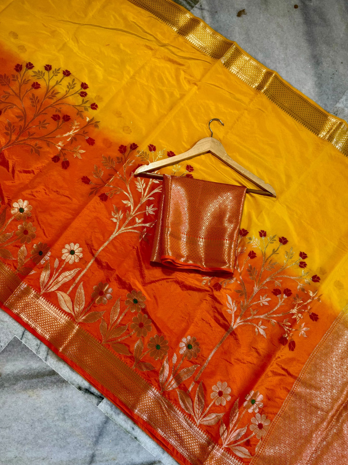 Mustard Yellow & Orange Dual-Tone Raw Mango Silk Saree with Floral Tree Zari Weaving