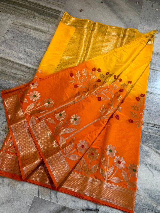 Mustard Yellow & Orange Dual-Tone Raw Mango Silk Saree with Floral Tree Zari Weaving