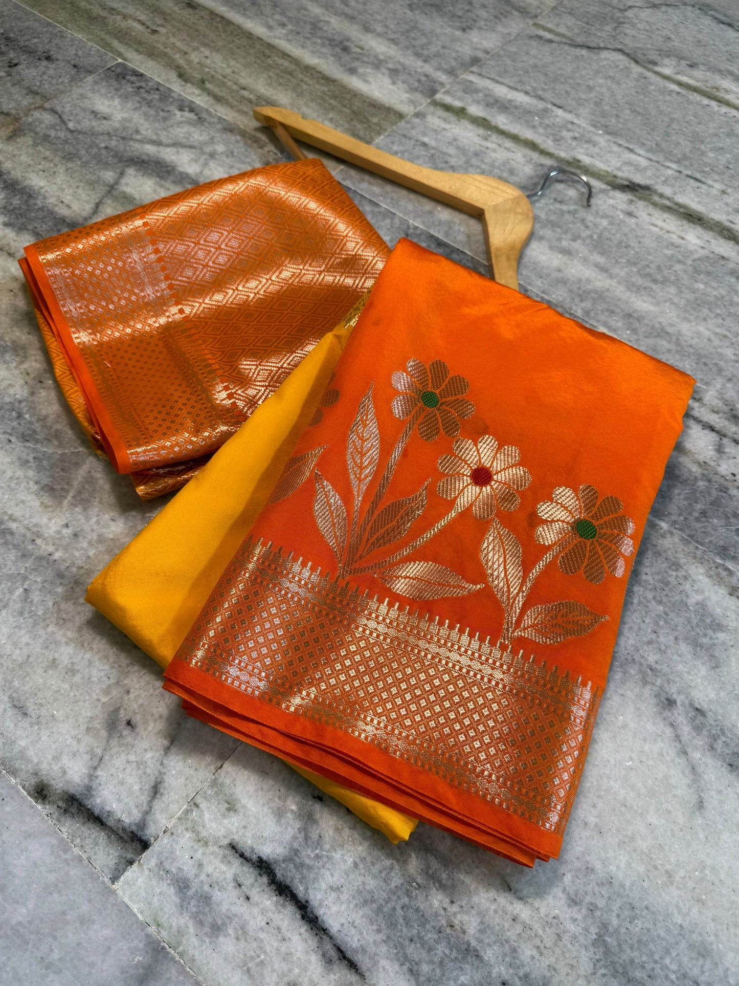 Mustard Yellow & Orange Dual-Tone Raw Mango Silk Saree with Floral Tree Zari Weaving