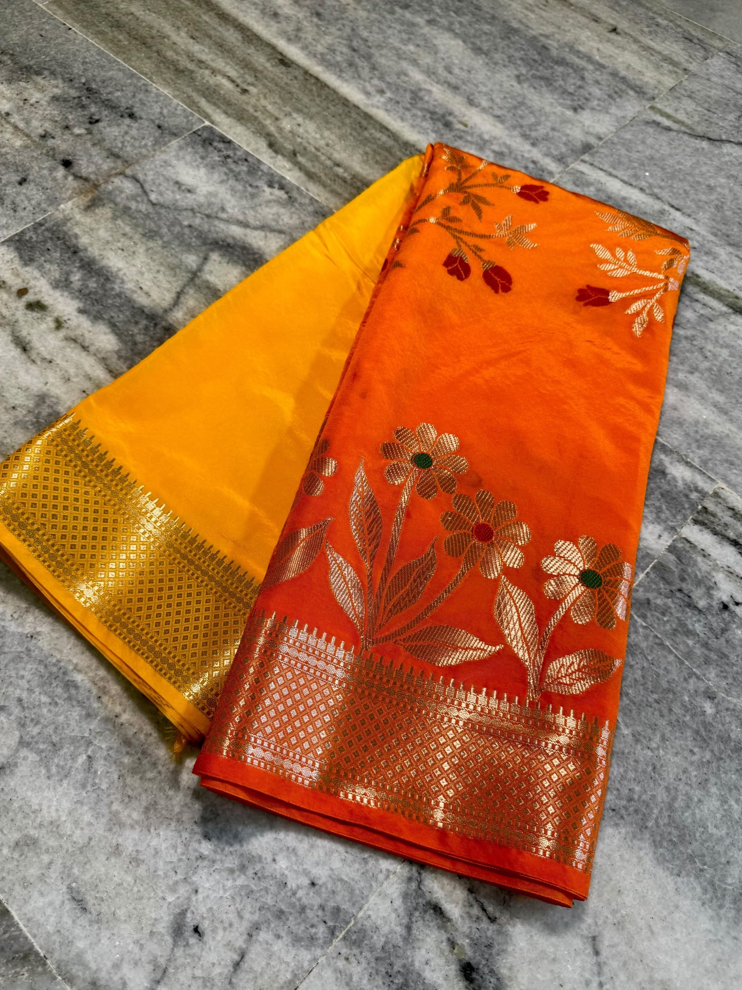 Mustard Yellow & Orange Dual-Tone Raw Mango Silk Saree with Floral Tree Zari Weaving