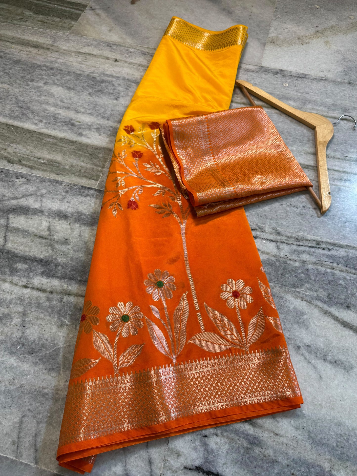 Mustard Yellow & Orange Dual-Tone Raw Mango Silk Saree with Floral Tree Zari Weaving