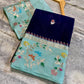 Navy Blue Raw Mango Silk Saree with Mint Green Meenakari Floral Border
