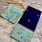 Navy Blue Raw Mango Silk Saree with Mint Green Meenakari Floral Border