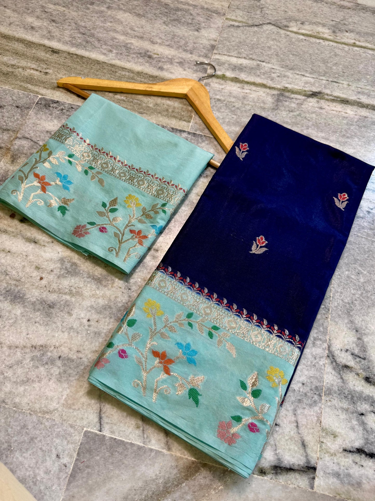 Navy Blue Raw Mango Silk Saree with Mint Green Meenakari Floral Border