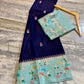 Navy Blue Raw Mango Silk Saree with Mint Green Meenakari Floral Border