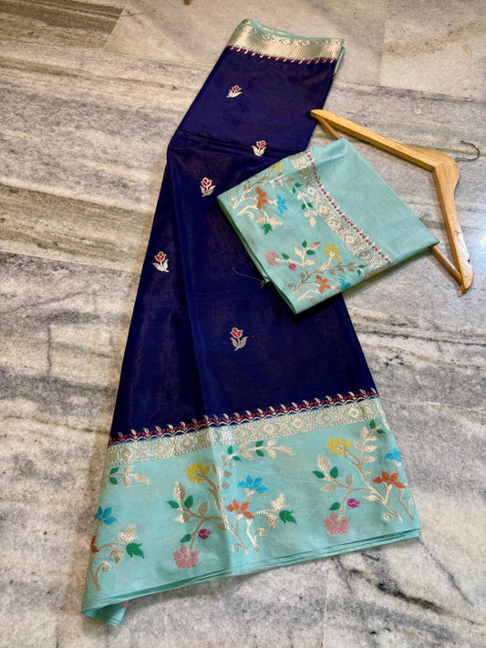 Navy Blue Raw Mango Silk Saree with Mint Green Meenakari Floral Border