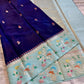 Navy Blue Raw Mango Silk Saree with Mint Green Meenakari Floral Border