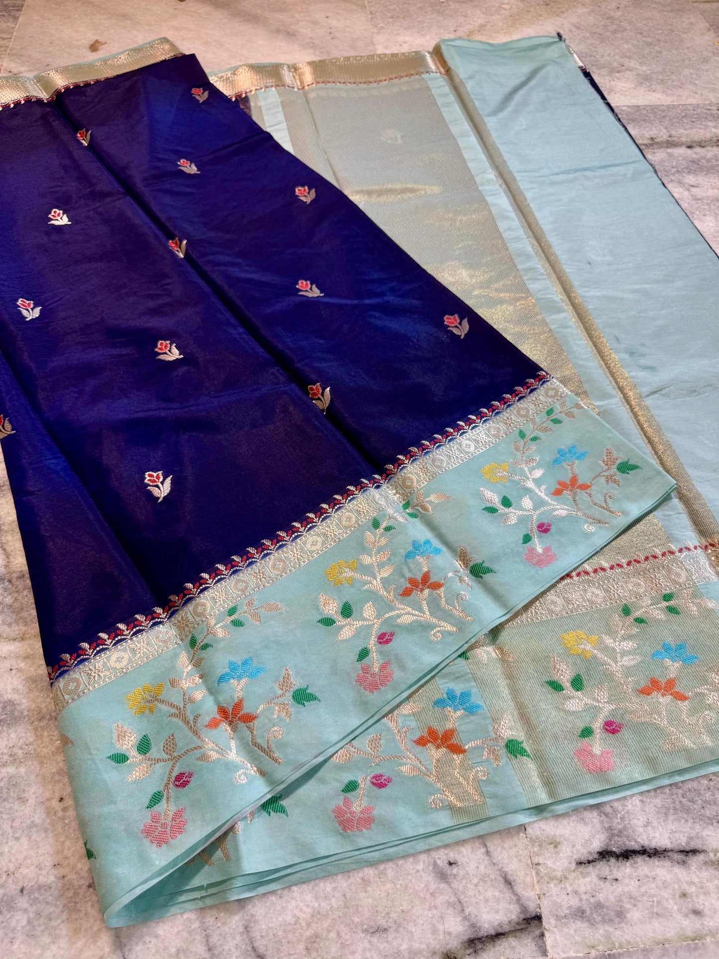 Navy Blue Raw Mango Silk Saree with Mint Green Meenakari Floral Border