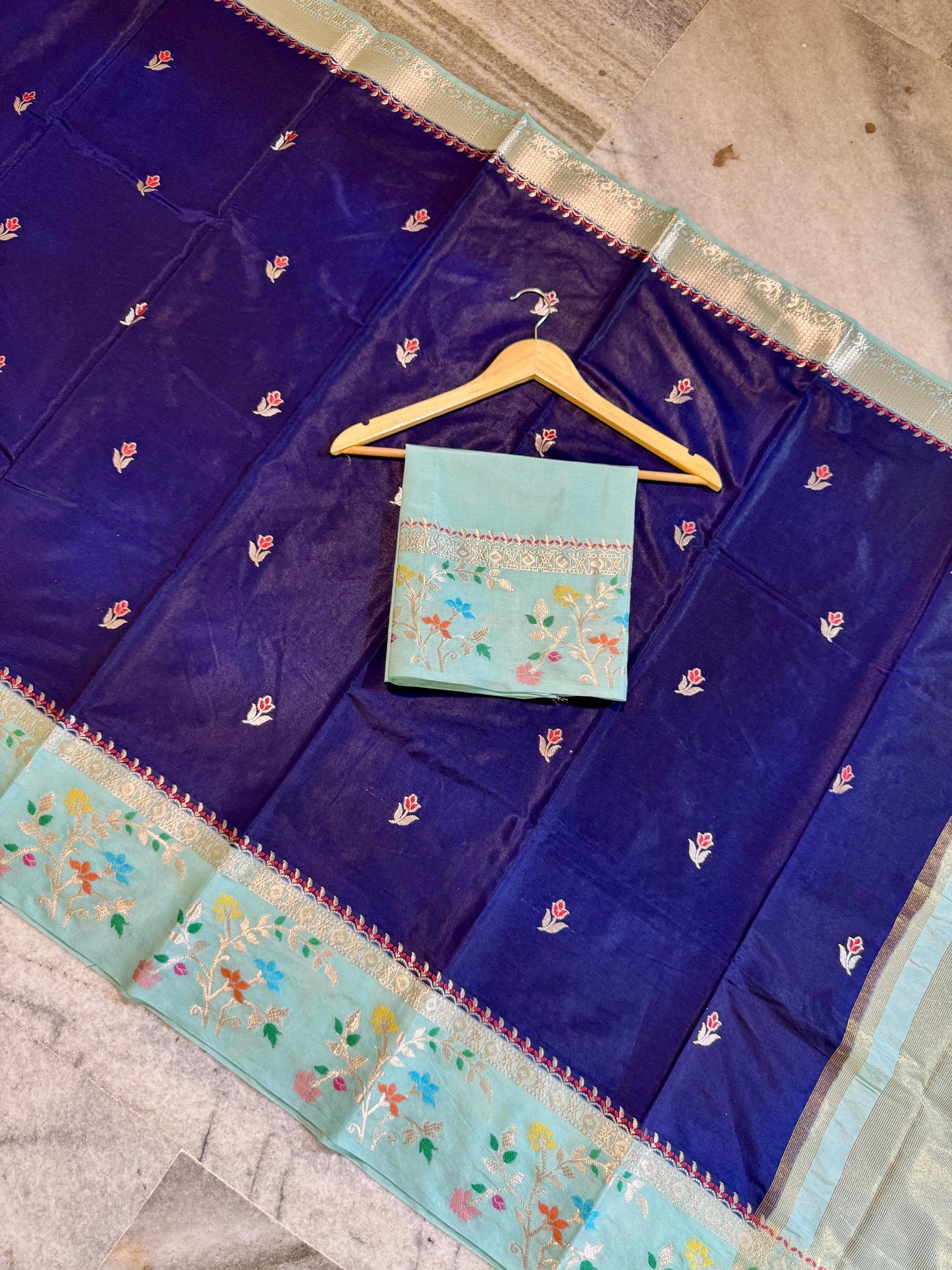 Navy Blue Raw Mango Silk Saree with Mint Green Meenakari Floral Border