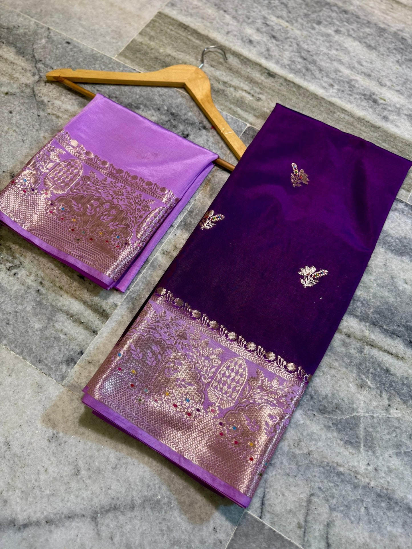 Deep Purple Raw Mango Silk Saree with Lavender Border & Meenakari Zari Work