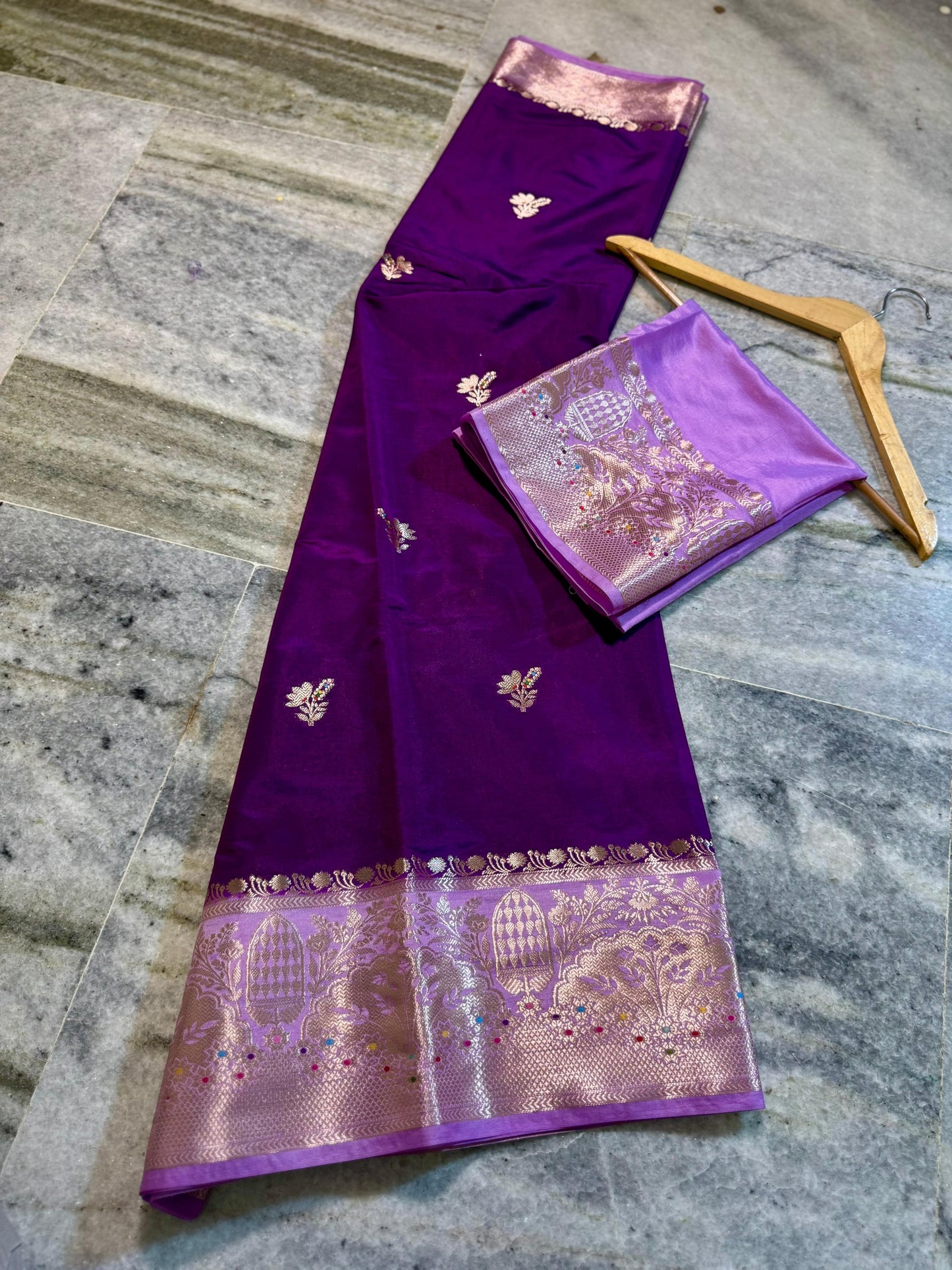 Deep Purple Raw Mango Silk Saree with Lavender Border & Meenakari Zari Work